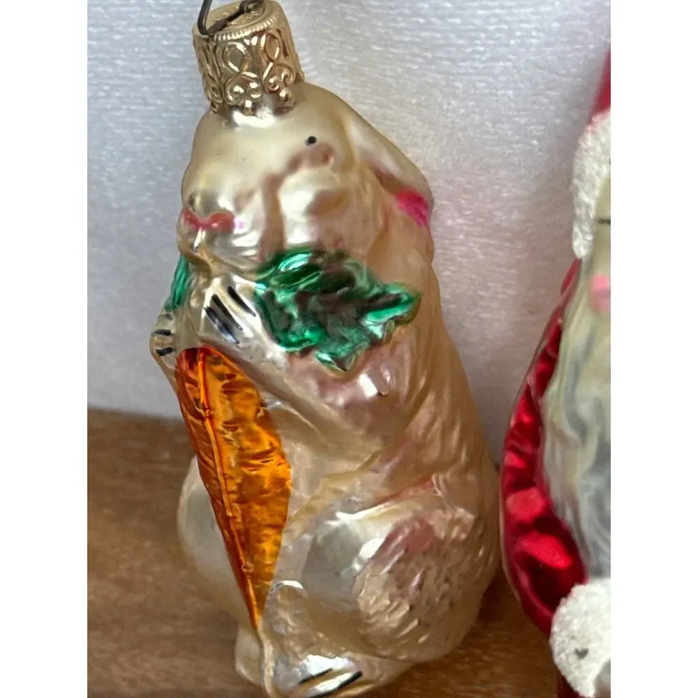 Inge Glas Ornaments Glass Santa and Rabbit Germany Christmas Traditional Gift
